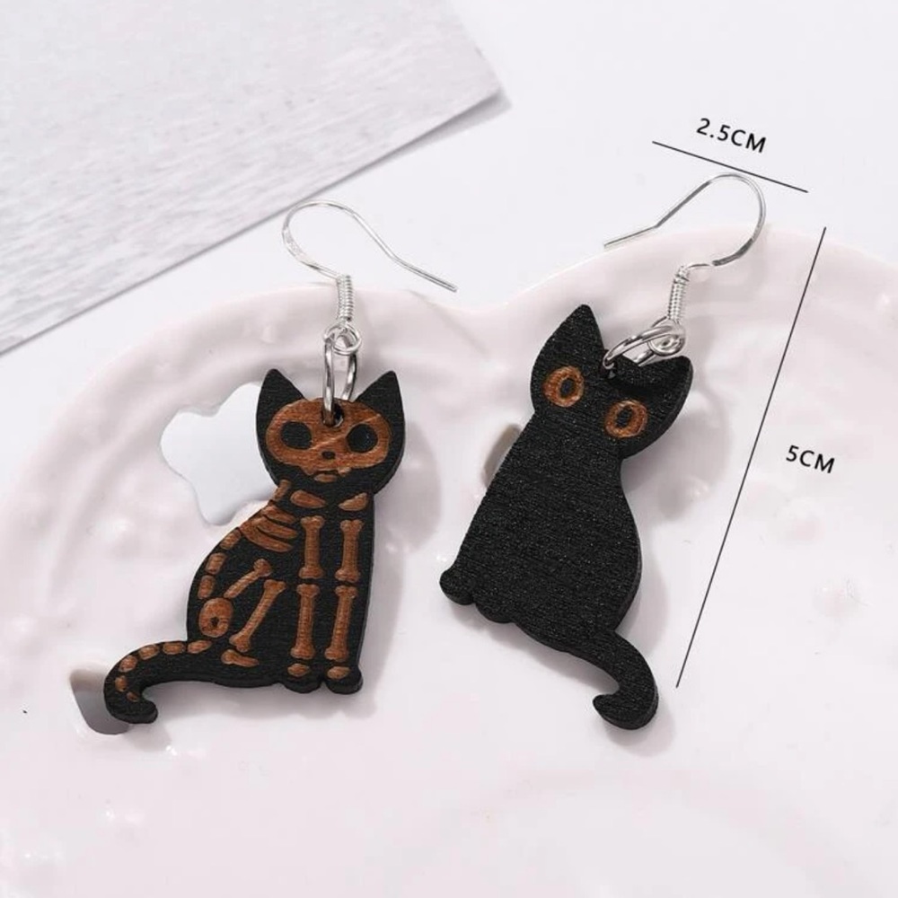 🐈‍⬛ Adorable Large Mismatched Kitty Cat Skeleton Drop Earrings 🐈‍⬛